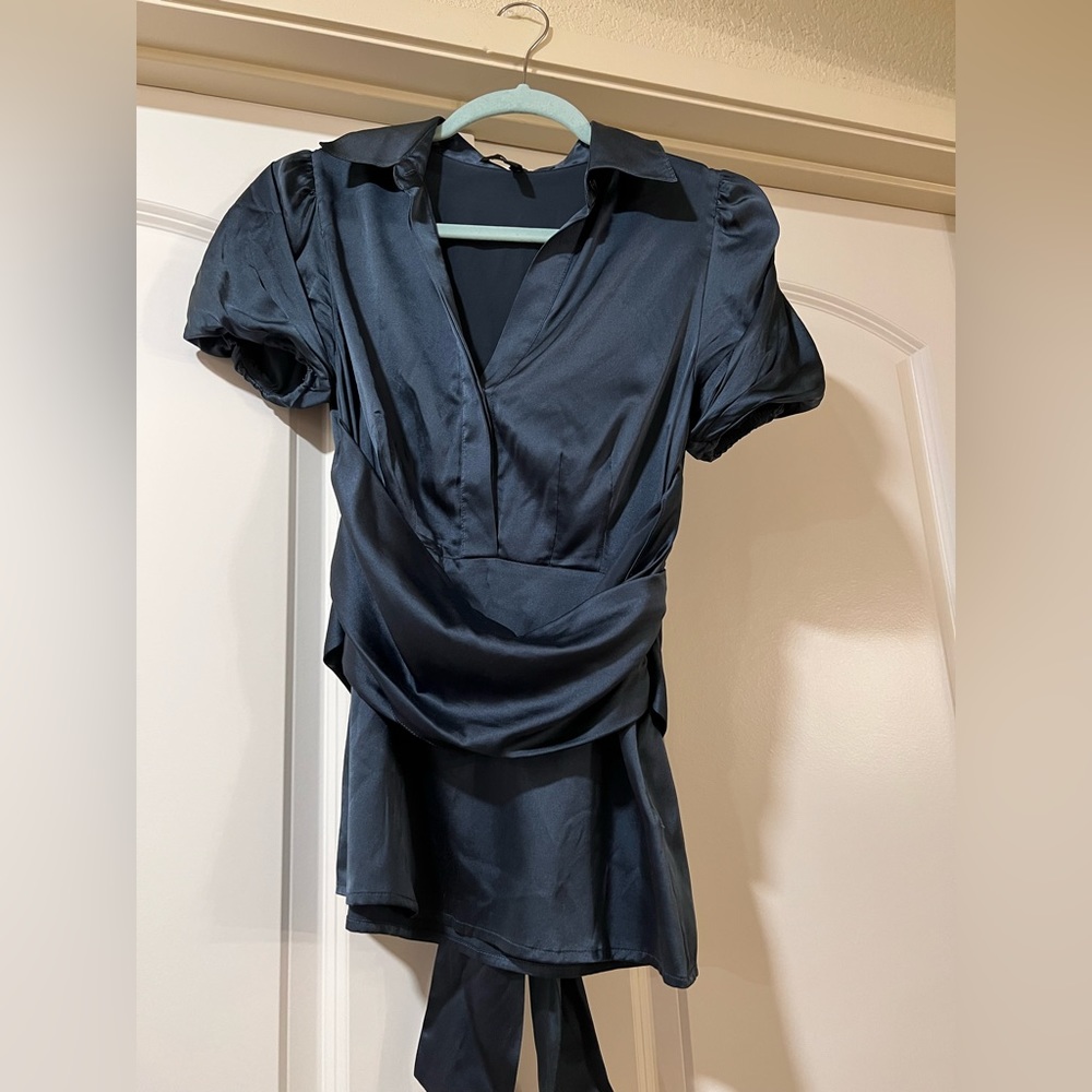 BCBGMaxAzria Navy Silk Wrap Blouse - Picture 2 of 5